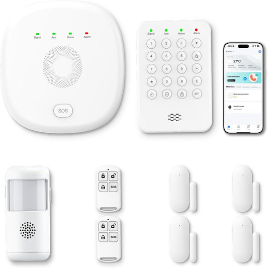 Home Security System 9-Piece Work with Alexa & Google No Monthly Fees,Wifi+4G Mobile App Control with Instant Alerts and Auto Alarm Dial,Door/Window Sensors+Motion Detectors+Remote,24/7 Monitoring